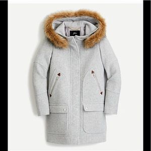 J. Crew Gray Hooded Coat with Faux Fur Trim